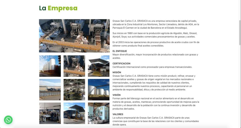 Cliente: Grasas San Carlos C.A. Grasaca | Diseño y desarrollo de páginas web, tienda online, landing page, Posicionamiento SEO, actualización y mantenimiento de páginas web | Cainetwork, Creative & Web Studio